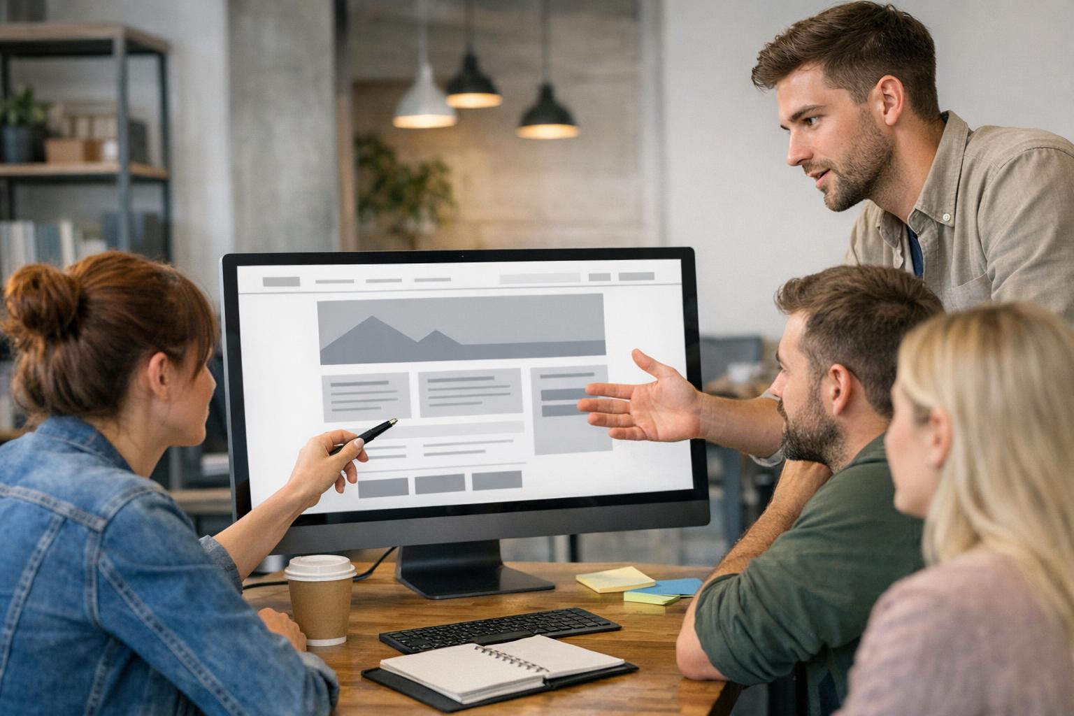 Zdjęcie: zespół dyskutuje nad prototypem strony na monitorze